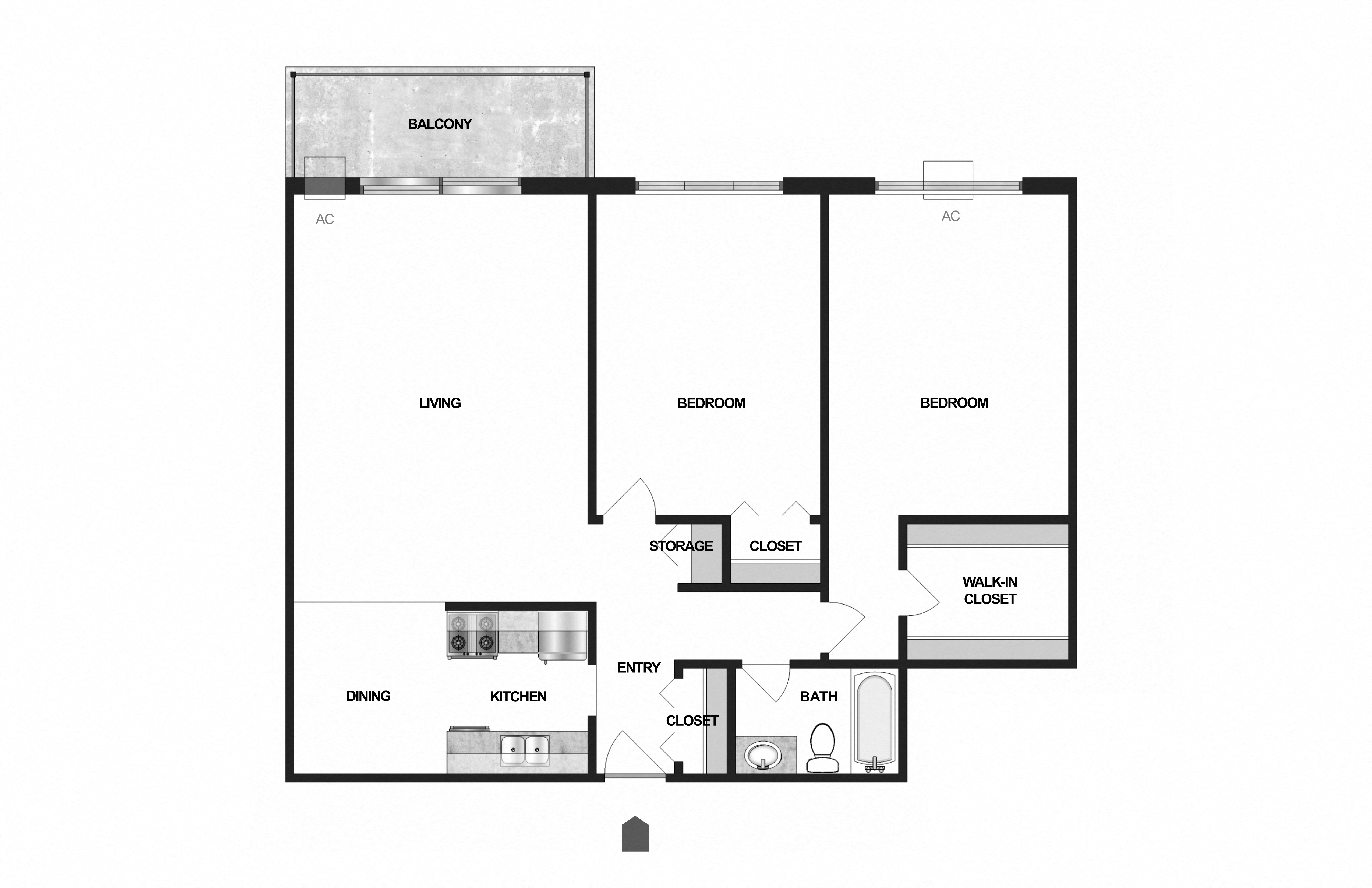 Floor plan for 2 beds, 1 bath, 1034 sqft